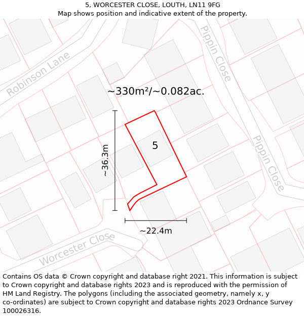 5, WORCESTER CLOSE, LOUTH, LN11 9FG: Plot and title map