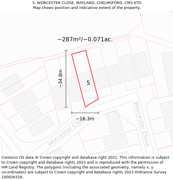 5, WORCESTER CLOSE, MAYLAND, CHELMSFORD, CM3 6TD: Plot and title map