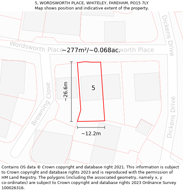 5, WORDSWORTH PLACE, WHITELEY, FAREHAM, PO15 7LY: Plot and title map