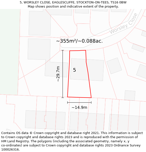 5, WORSLEY CLOSE, EAGLESCLIFFE, STOCKTON-ON-TEES, TS16 0BW: Plot and title map