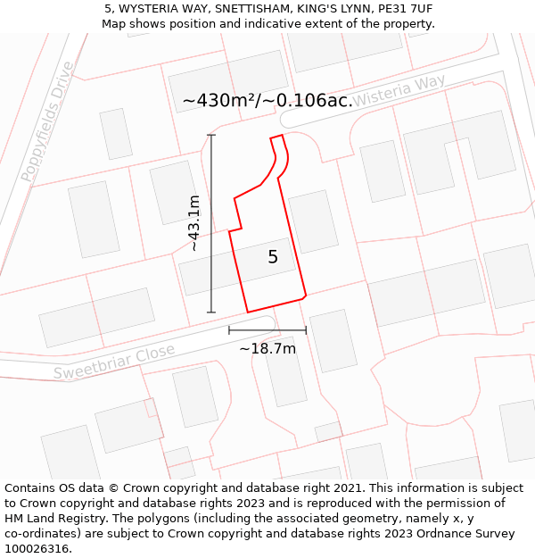 5, WYSTERIA WAY, SNETTISHAM, KING'S LYNN, PE31 7UF: Plot and title map