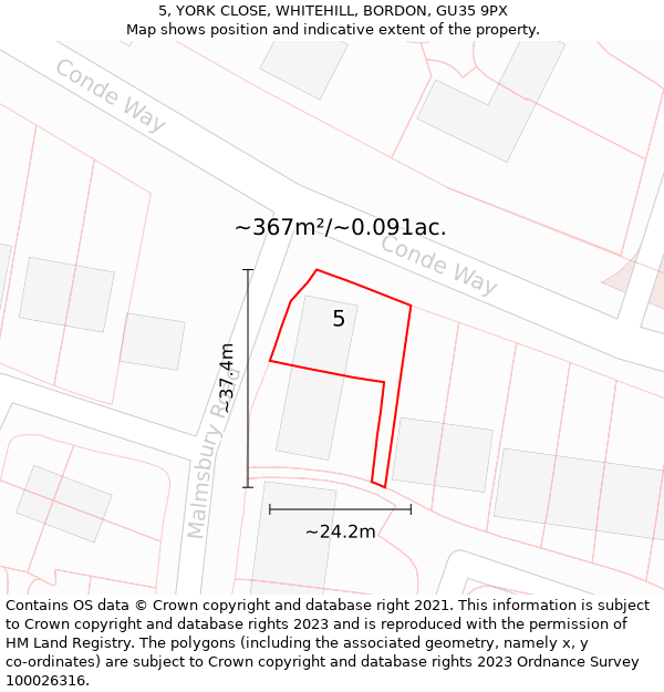 5, YORK CLOSE, WHITEHILL, BORDON, GU35 9PX: Plot and title map