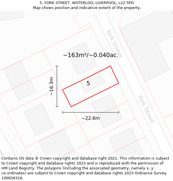 5, YORK STREET, WATERLOO, LIVERPOOL, L22 5PD: Plot and title map