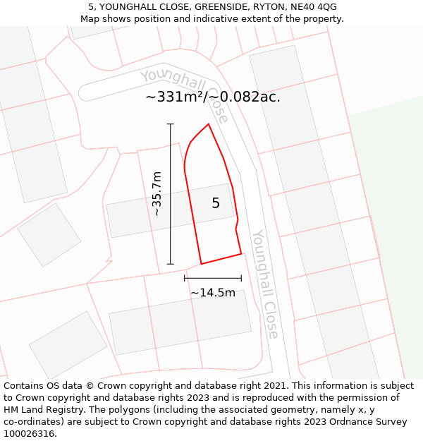 5, YOUNGHALL CLOSE, GREENSIDE, RYTON, NE40 4QG: Plot and title map