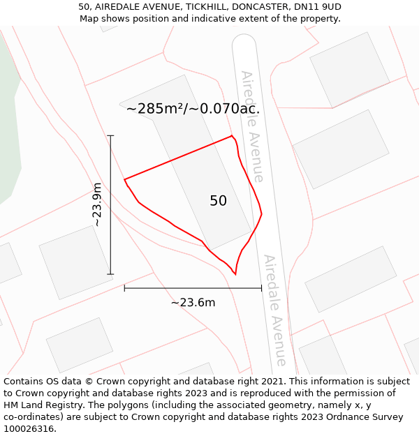 50, AIREDALE AVENUE, TICKHILL, DONCASTER, DN11 9UD: Plot and title map