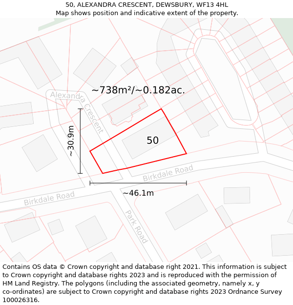 50, ALEXANDRA CRESCENT, DEWSBURY, WF13 4HL: Plot and title map