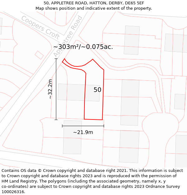 50, APPLETREE ROAD, HATTON, DERBY, DE65 5EF: Plot and title map