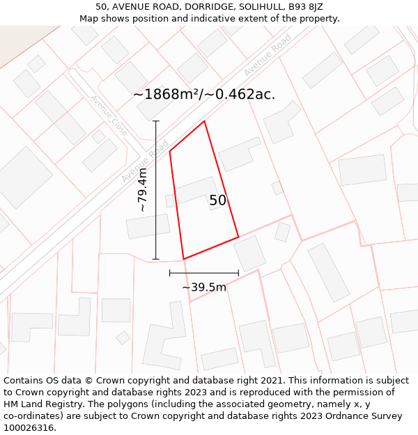 50, AVENUE ROAD, DORRIDGE, SOLIHULL, B93 8JZ: Plot and title map