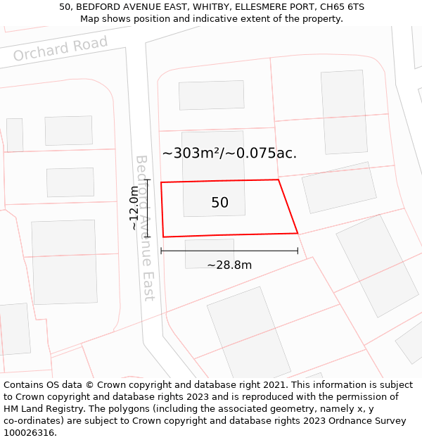 50, BEDFORD AVENUE EAST, WHITBY, ELLESMERE PORT, CH65 6TS: Plot and title map
