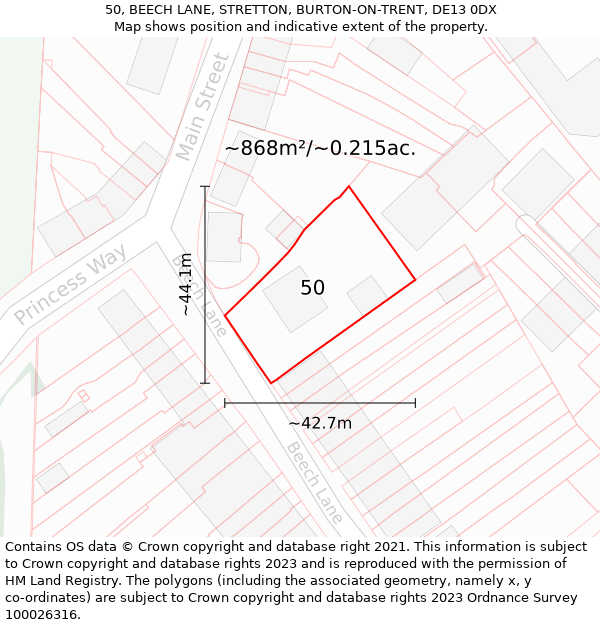 50, BEECH LANE, STRETTON, BURTON-ON-TRENT, DE13 0DX: Plot and title map