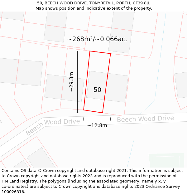 50, BEECH WOOD DRIVE, TONYREFAIL, PORTH, CF39 8JL: Plot and title map