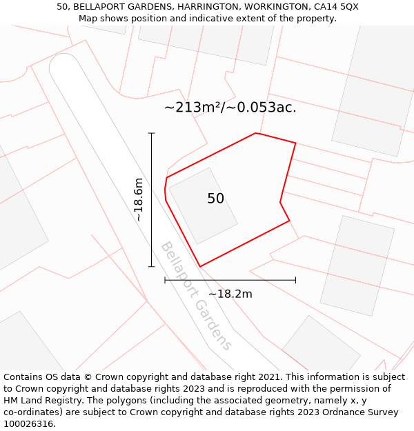 50, BELLAPORT GARDENS, HARRINGTON, WORKINGTON, CA14 5QX: Plot and title map