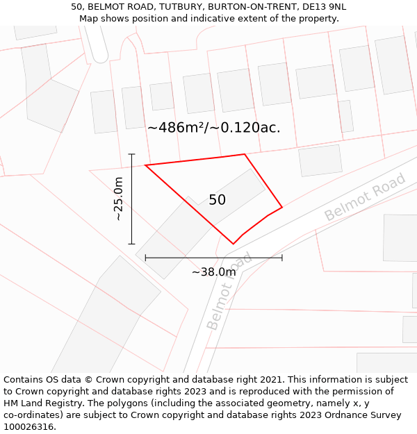 50, BELMOT ROAD, TUTBURY, BURTON-ON-TRENT, DE13 9NL: Plot and title map