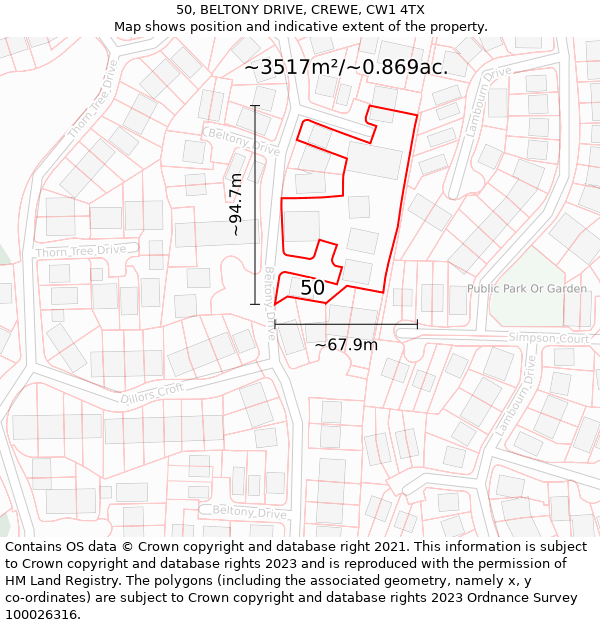 50, BELTONY DRIVE, CREWE, CW1 4TX: Plot and title map