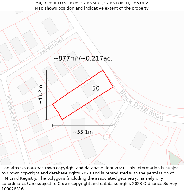 50, BLACK DYKE ROAD, ARNSIDE, CARNFORTH, LA5 0HZ: Plot and title map