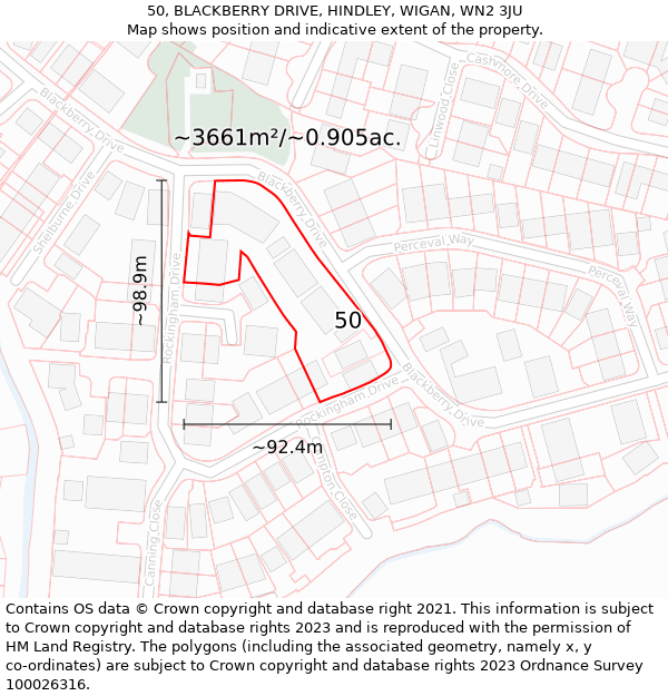 50, BLACKBERRY DRIVE, HINDLEY, WIGAN, WN2 3JU: Plot and title map