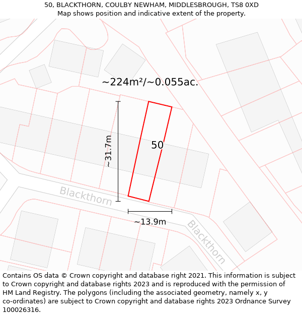 50, BLACKTHORN, COULBY NEWHAM, MIDDLESBROUGH, TS8 0XD: Plot and title map