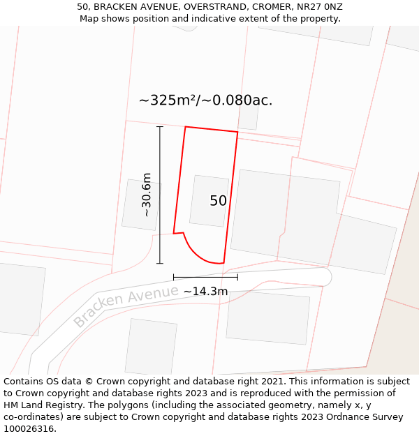 50, BRACKEN AVENUE, OVERSTRAND, CROMER, NR27 0NZ: Plot and title map