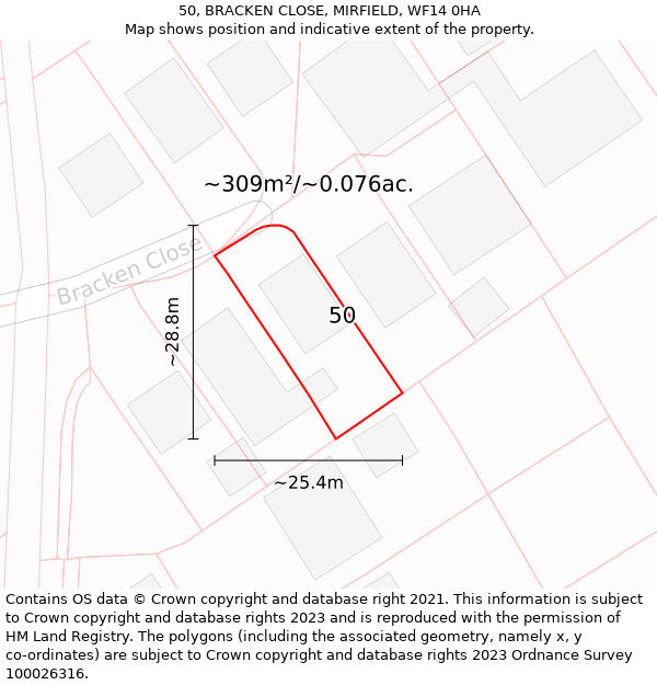 50, BRACKEN CLOSE, MIRFIELD, WF14 0HA: Plot and title map