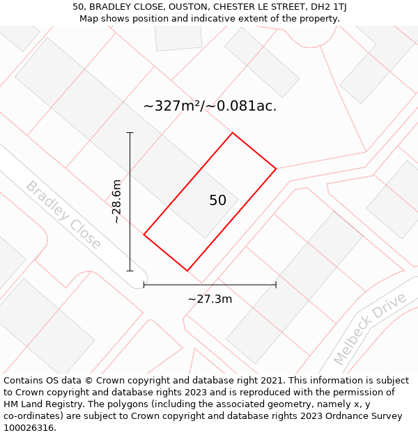 50, BRADLEY CLOSE, OUSTON, CHESTER LE STREET, DH2 1TJ: Plot and title map