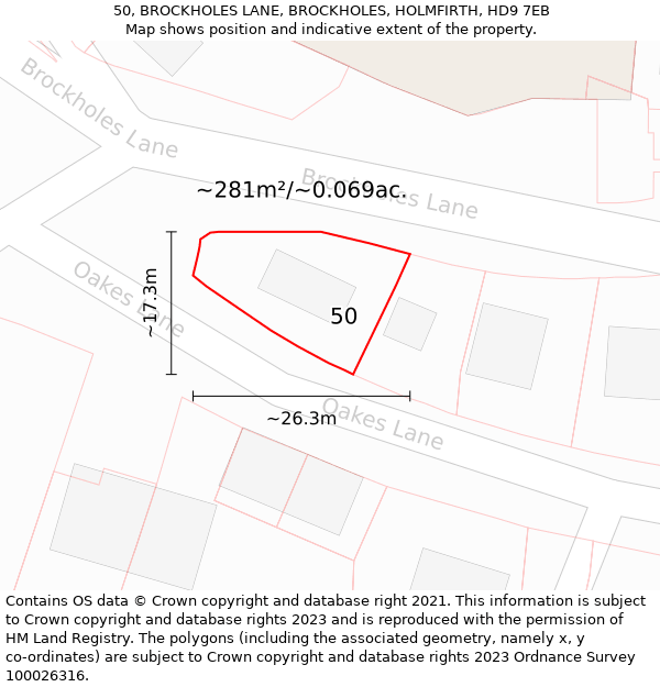 50, BROCKHOLES LANE, BROCKHOLES, HOLMFIRTH, HD9 7EB: Plot and title map