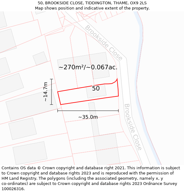 50, BROOKSIDE CLOSE, TIDDINGTON, THAME, OX9 2LS: Plot and title map