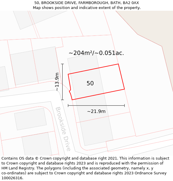 50, BROOKSIDE DRIVE, FARMBOROUGH, BATH, BA2 0AX: Plot and title map