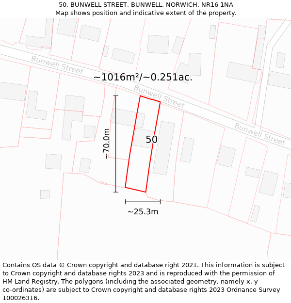 50, BUNWELL STREET, BUNWELL, NORWICH, NR16 1NA: Plot and title map