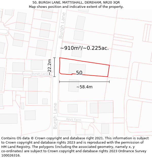 50, BURGH LANE, MATTISHALL, DEREHAM, NR20 3QR: Plot and title map