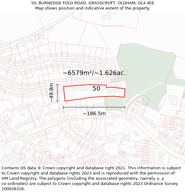 50, BURNEDGE FOLD ROAD, GRASSCROFT, OLDHAM, OL4 4EE: Plot and title map