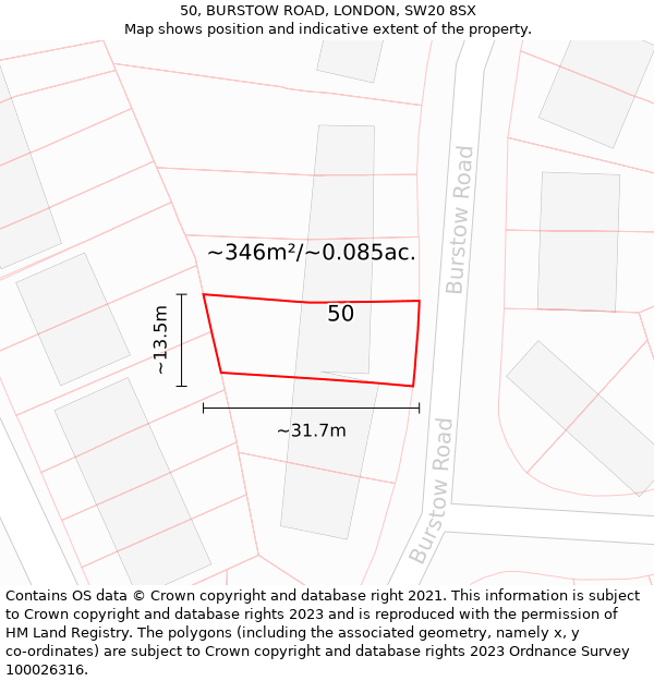 50, BURSTOW ROAD, LONDON, SW20 8SX: Plot and title map