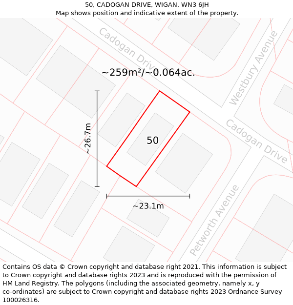 50, CADOGAN DRIVE, WIGAN, WN3 6JH: Plot and title map