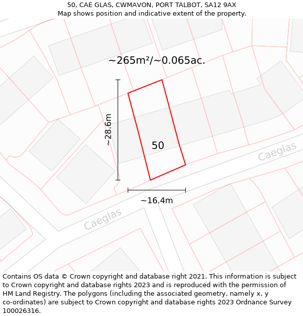 50, CAE GLAS, CWMAVON, PORT TALBOT, SA12 9AX: Plot and title map