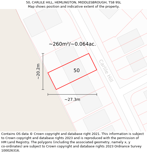 50, CARLILE HILL, HEMLINGTON, MIDDLESBROUGH, TS8 9SL: Plot and title map