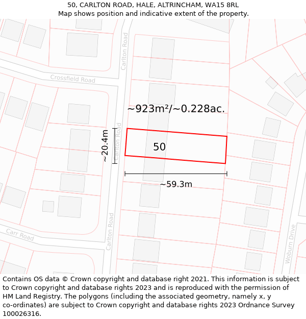 50, CARLTON ROAD, HALE, ALTRINCHAM, WA15 8RL: Plot and title map