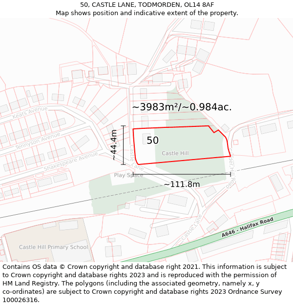 50, CASTLE LANE, TODMORDEN, OL14 8AF: Plot and title map