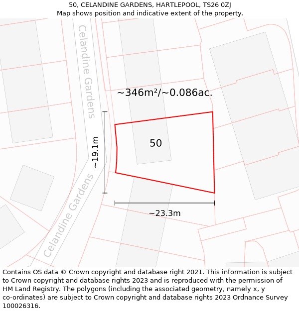 50, CELANDINE GARDENS, HARTLEPOOL, TS26 0ZJ: Plot and title map