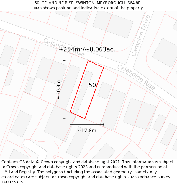 50, CELANDINE RISE, SWINTON, MEXBOROUGH, S64 8PL: Plot and title map