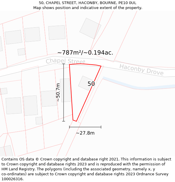 50, CHAPEL STREET, HACONBY, BOURNE, PE10 0UL: Plot and title map