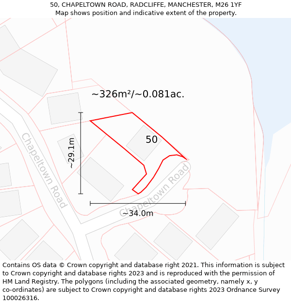 50, CHAPELTOWN ROAD, RADCLIFFE, MANCHESTER, M26 1YF: Plot and title map