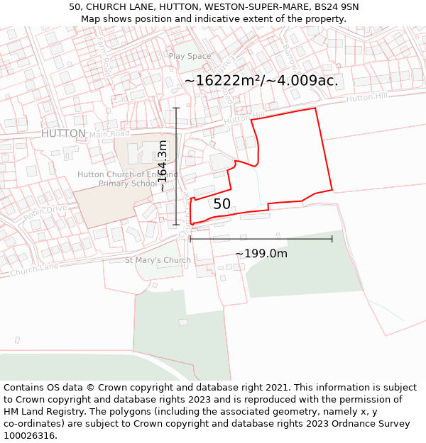 50, CHURCH LANE, HUTTON, WESTON-SUPER-MARE, BS24 9SN: Plot and title map