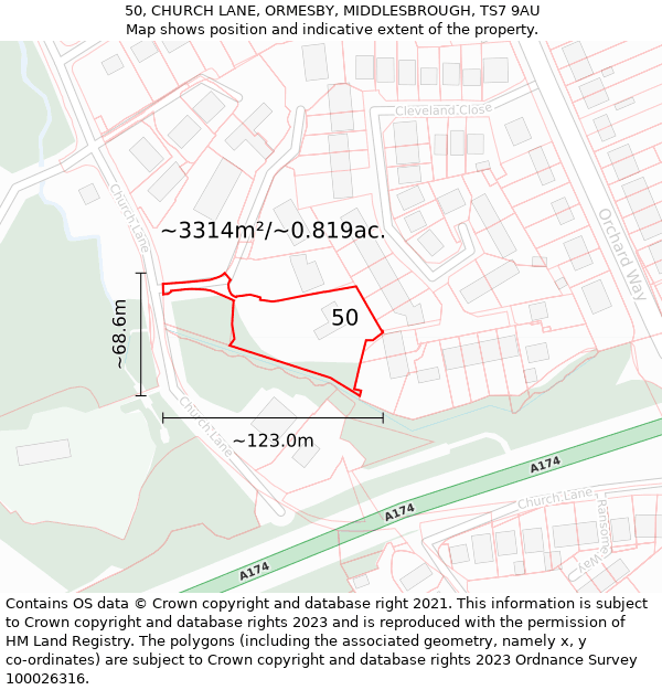 50, CHURCH LANE, ORMESBY, MIDDLESBROUGH, TS7 9AU: Plot and title map