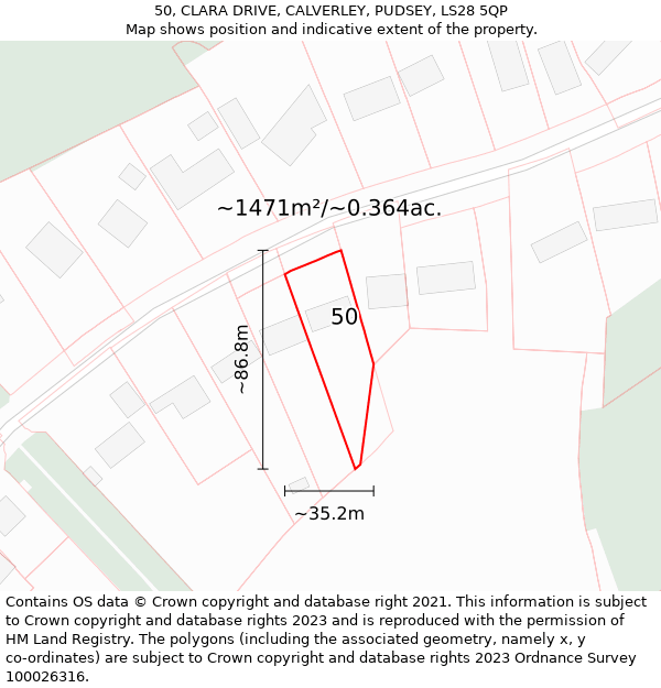 50, CLARA DRIVE, CALVERLEY, PUDSEY, LS28 5QP: Plot and title map