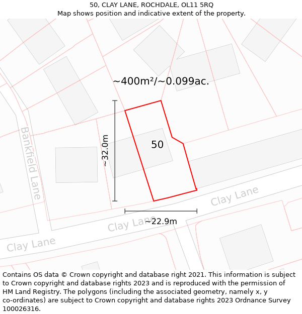 50, CLAY LANE, ROCHDALE, OL11 5RQ: Plot and title map