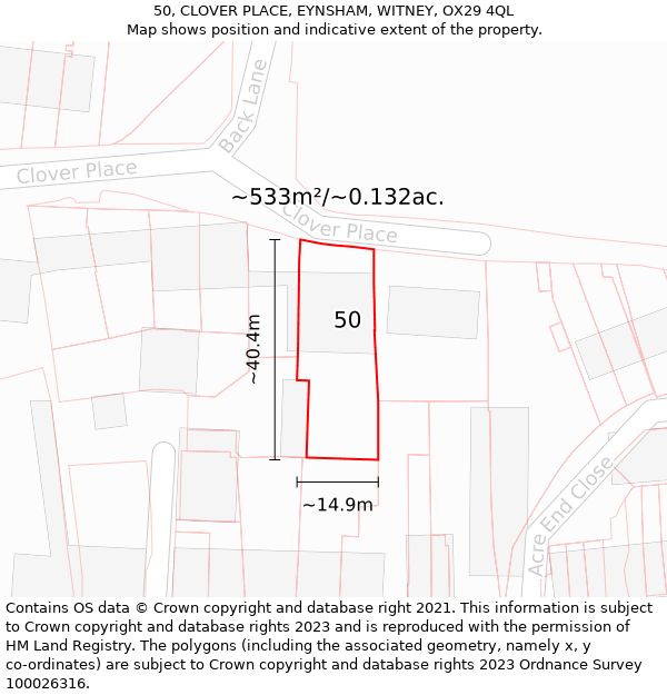 50, CLOVER PLACE, EYNSHAM, WITNEY, OX29 4QL: Plot and title map