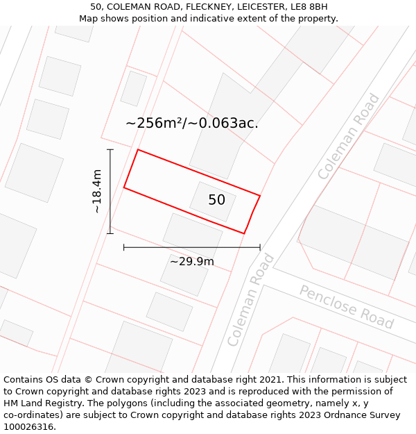 50, COLEMAN ROAD, FLECKNEY, LEICESTER, LE8 8BH: Plot and title map