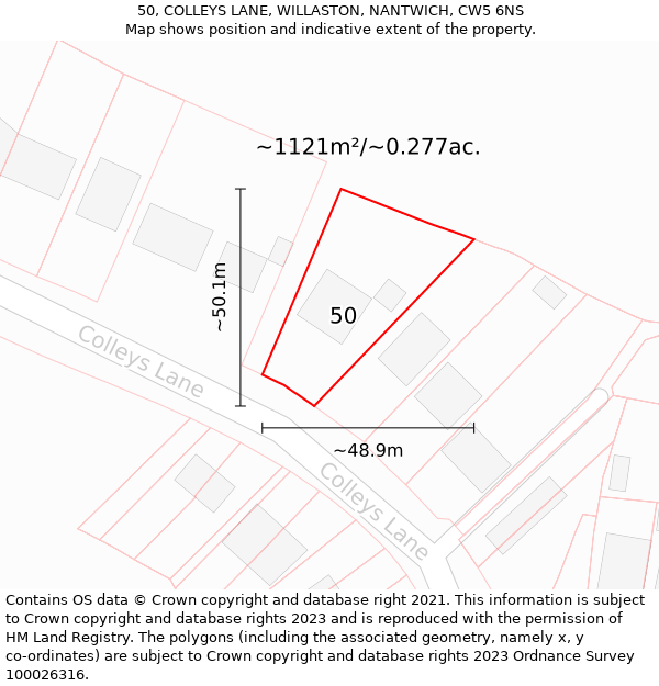 50, COLLEYS LANE, WILLASTON, NANTWICH, CW5 6NS: Plot and title map