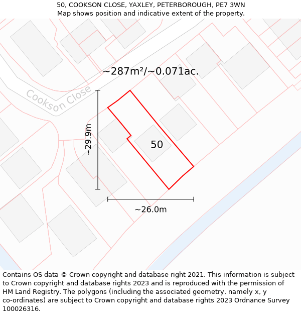 50, COOKSON CLOSE, YAXLEY, PETERBOROUGH, PE7 3WN: Plot and title map