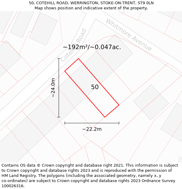 50, COTEHILL ROAD, WERRINGTON, STOKE-ON-TRENT, ST9 0LN: Plot and title map