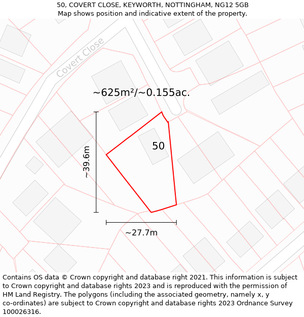 50, COVERT CLOSE, KEYWORTH, NOTTINGHAM, NG12 5GB: Plot and title map